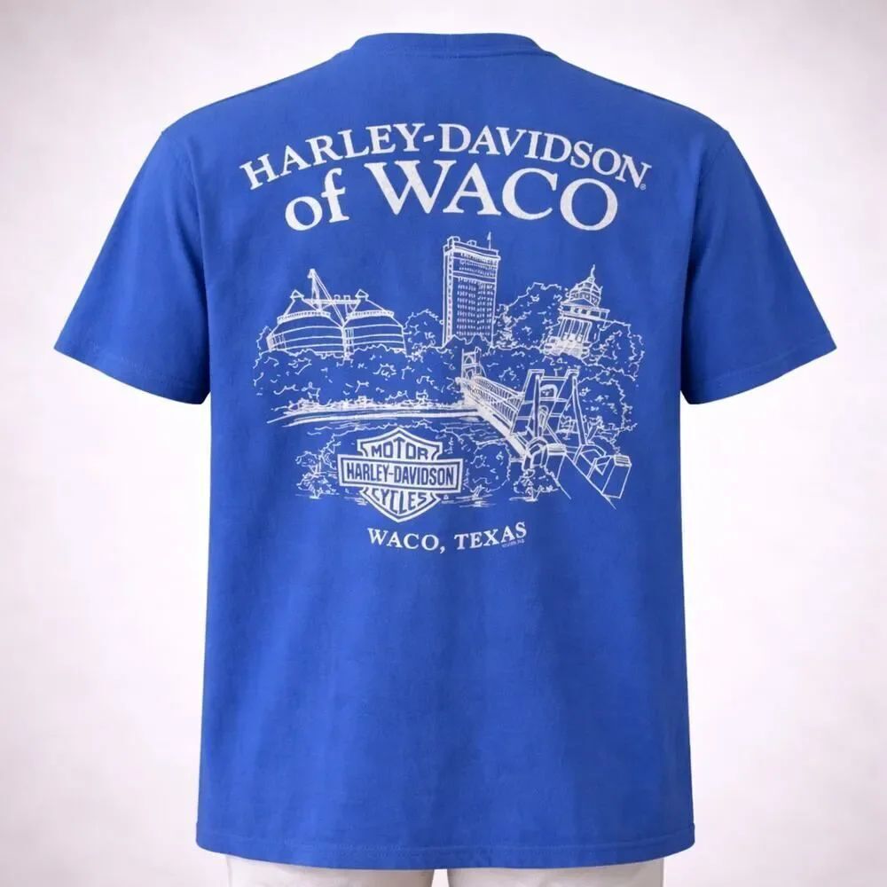 Vintage Y2K Harley Davidson Waco Texas Blue SS Graphic Shirt Tee XL